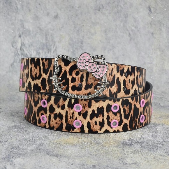 Y2K Hello Kitty Rhinestone Bling Leopard Cheetah Animal Print Belt - Picture 2 of 5